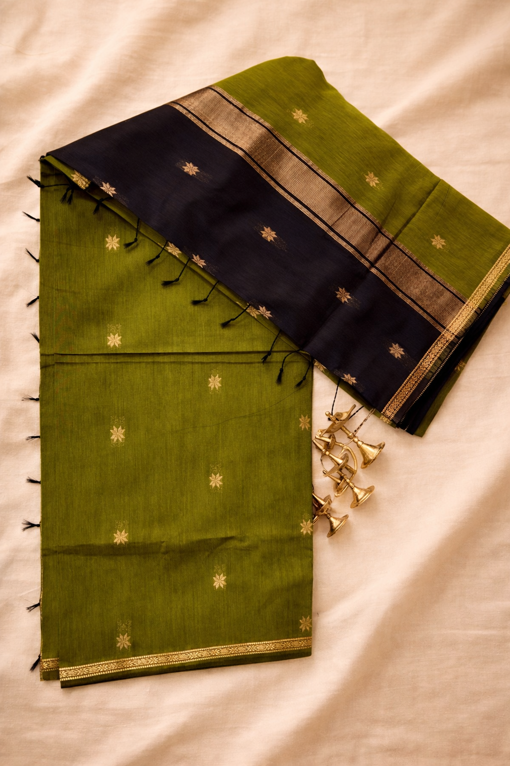 Maheshwari  Silk Cotton Elegance - Olive green with black