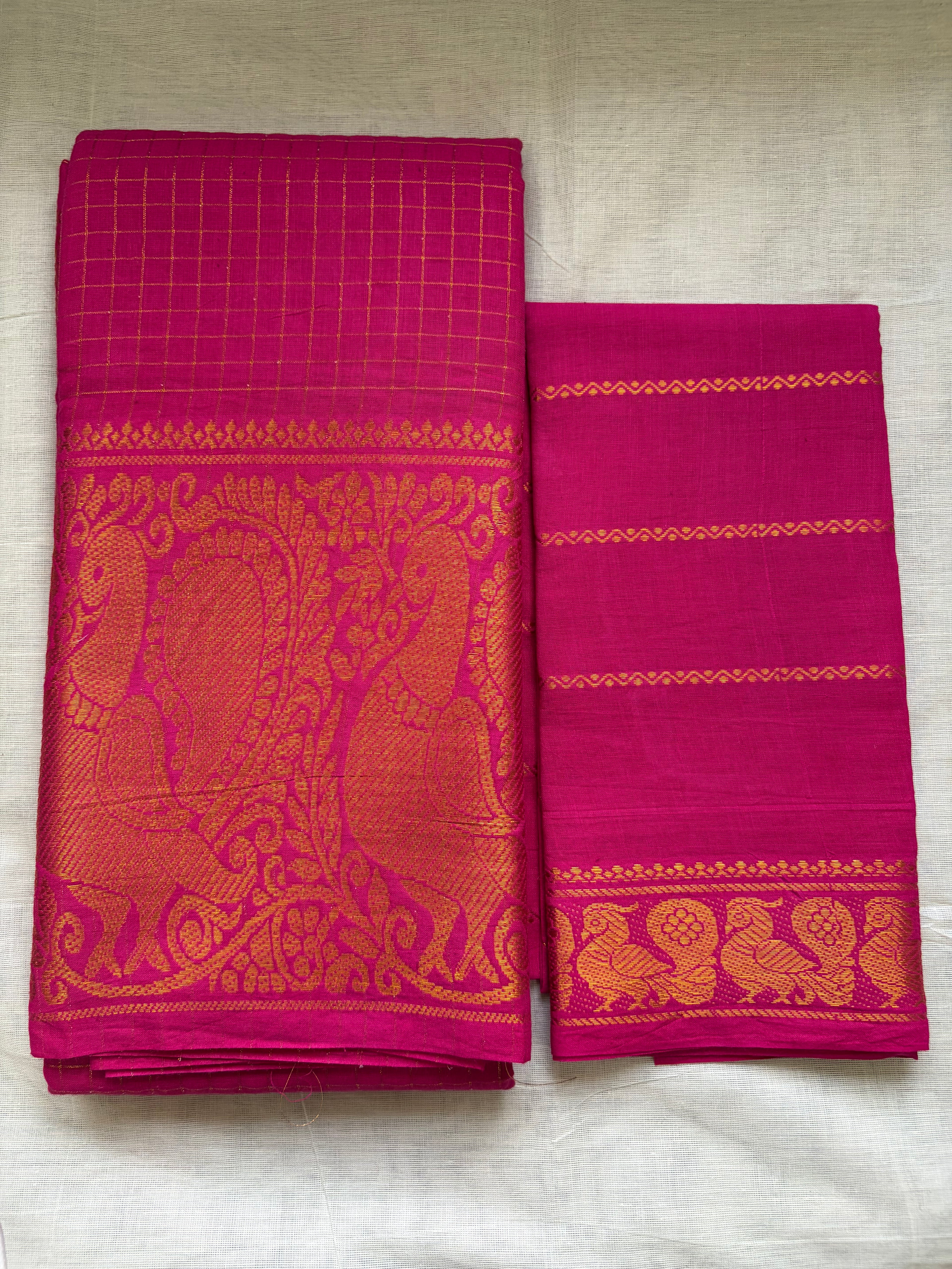 ✨Premium Sungudi Zari kattam Mayoor long Border Saree-Self colour✨-Magenta Pink with veldhaari blouse