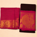 ZARI KATTAM MAYOORI SUNGUDI COTTON SAREE - COFFEE BROWN WITH RANI PINK