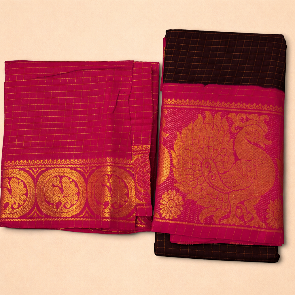 ZARI KATTAM MAYOORI SUNGUDI COTTON SAREE - COFFEE BROWN WITH RANI PINK