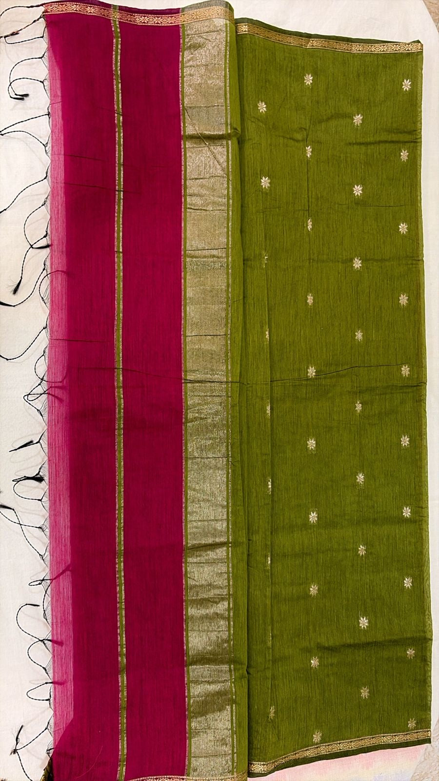 Maheshwari  Silk Cotton Elegance - Rani Pink with Leaf Green