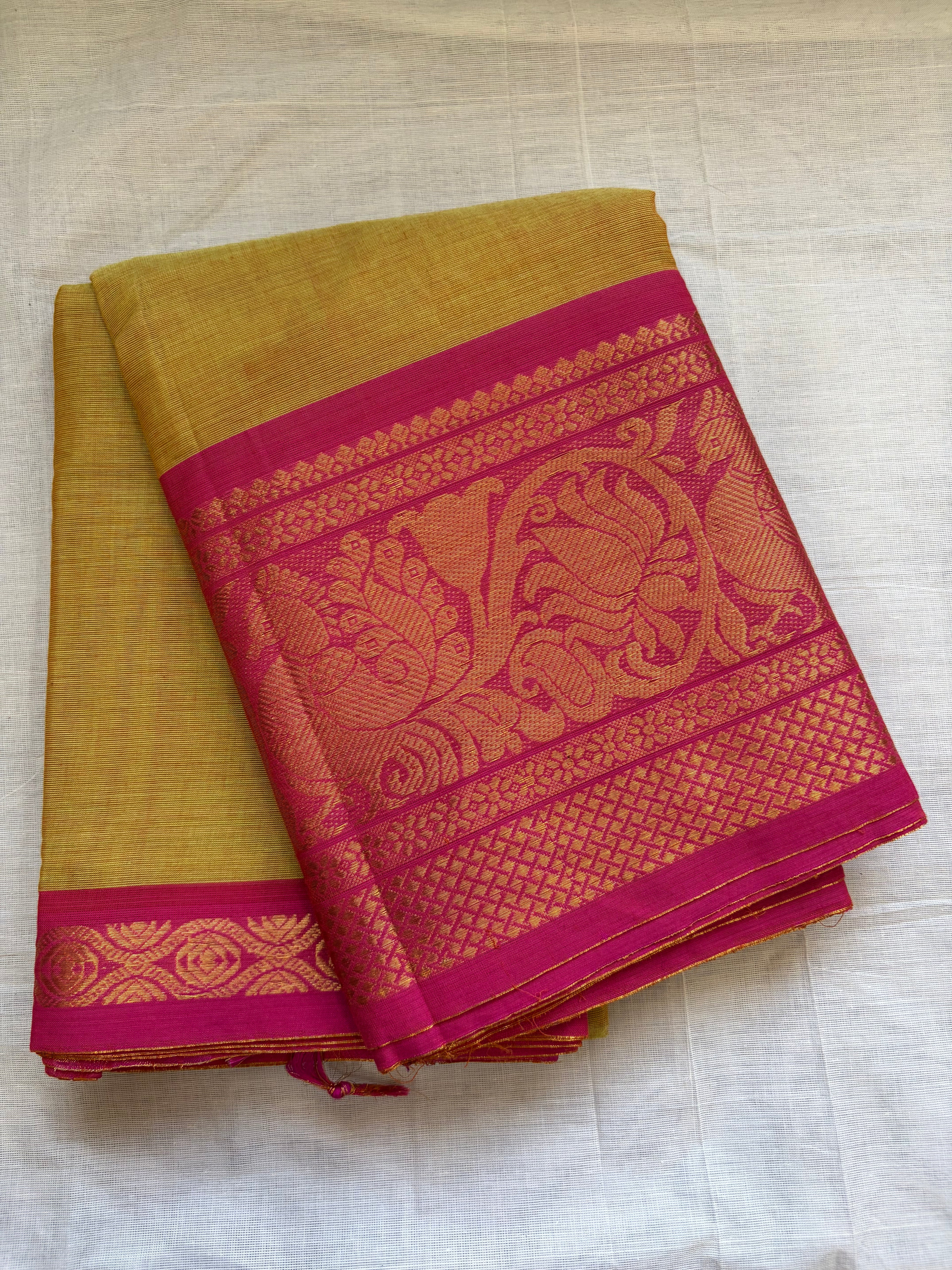 Kanchi cotton -light mustard with pink✨