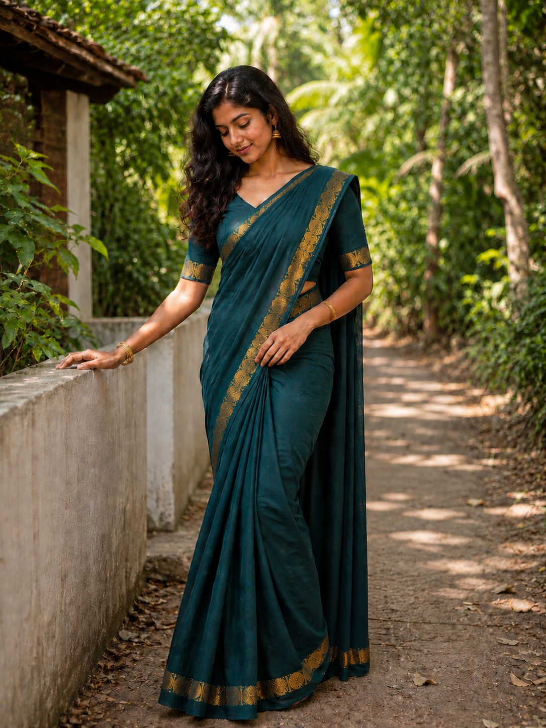 SUNGUDI SAREE WITH RETTA PATTA BORDER  WITH VELDARI BLOUSE - PEACOCK  BLUE