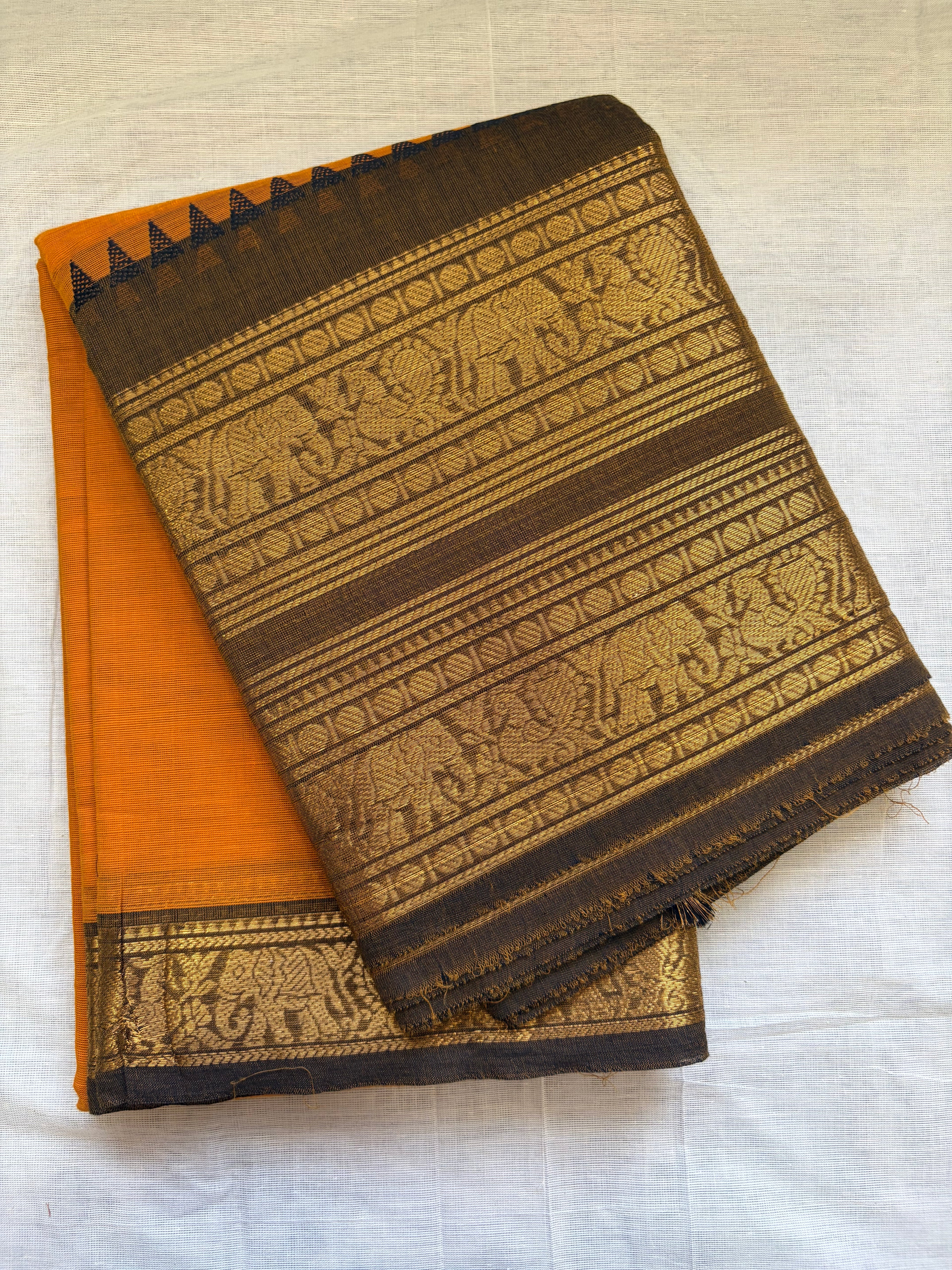 Kanchi cotton- mango yellow with dark olive ✨