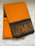Sungudi zari kattam mayil small border saree in contrast -yellow with black with contrast black blouse
