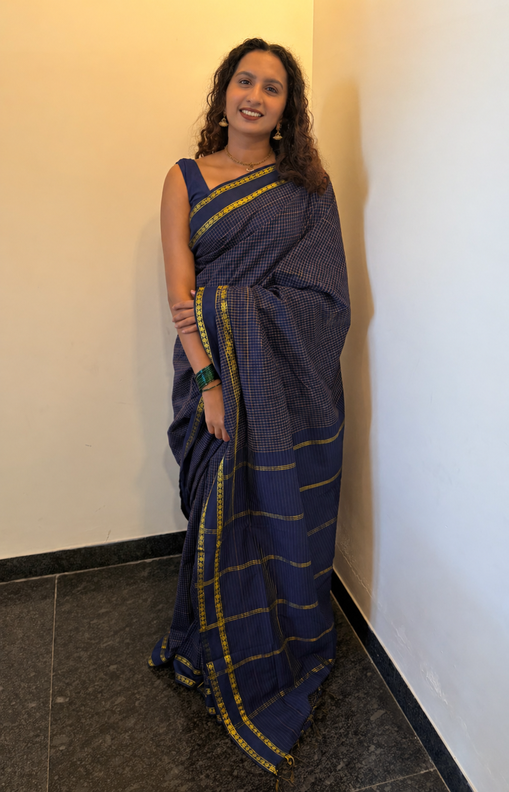 Arani checks Kalyani cotton -Navy  blue ✨