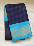 Sungudi zari kattam mayil small border contrast saree -navy blue with sky blue ✨with contrast sky blue blouse