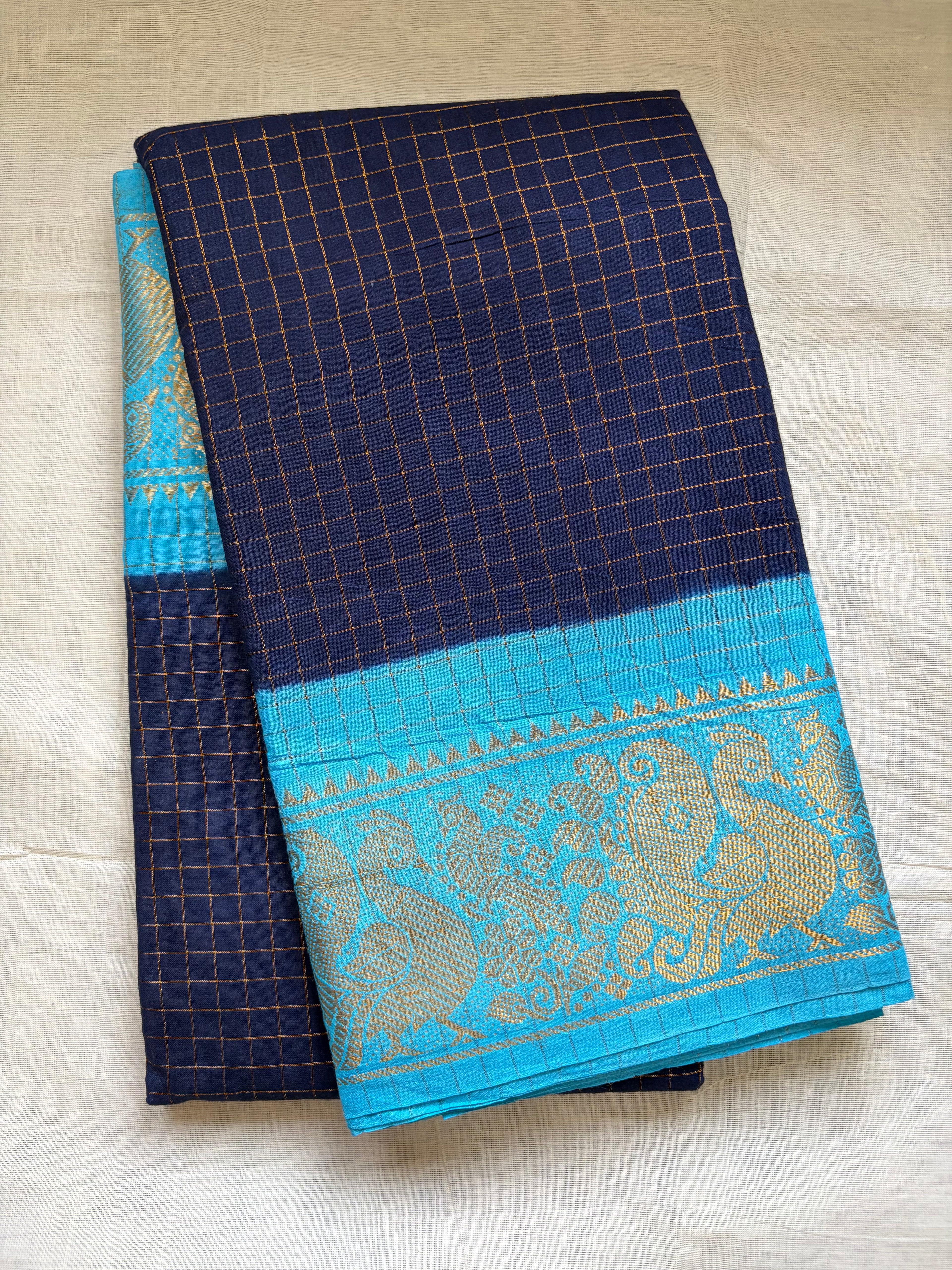 Sungudi zari kattam mayil small border contrast saree -navy blue with sky blue ✨with contrast sky blue blouse