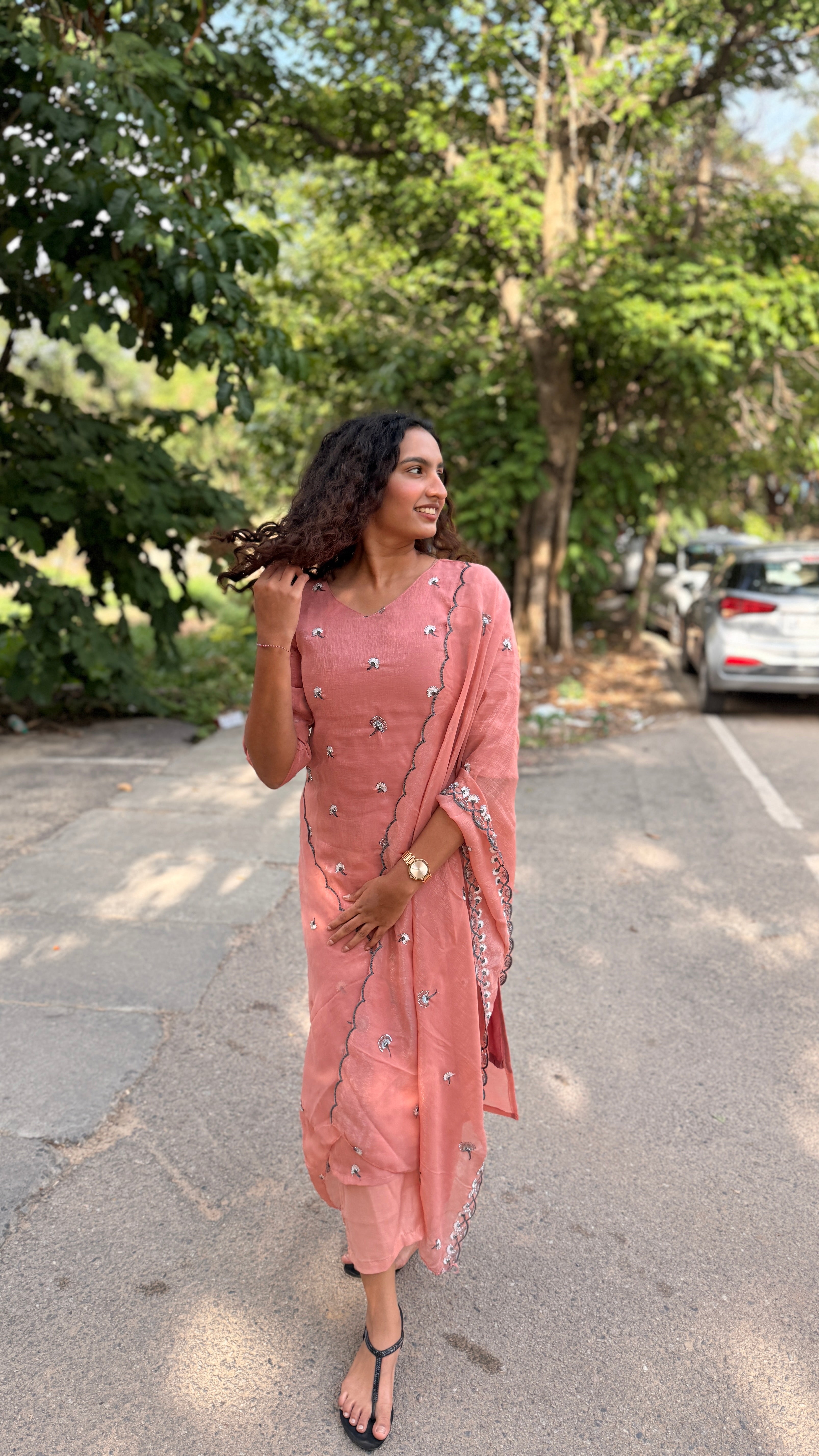Dusty Pink organza georgette Kurti Suit set with Intricate Bead Work