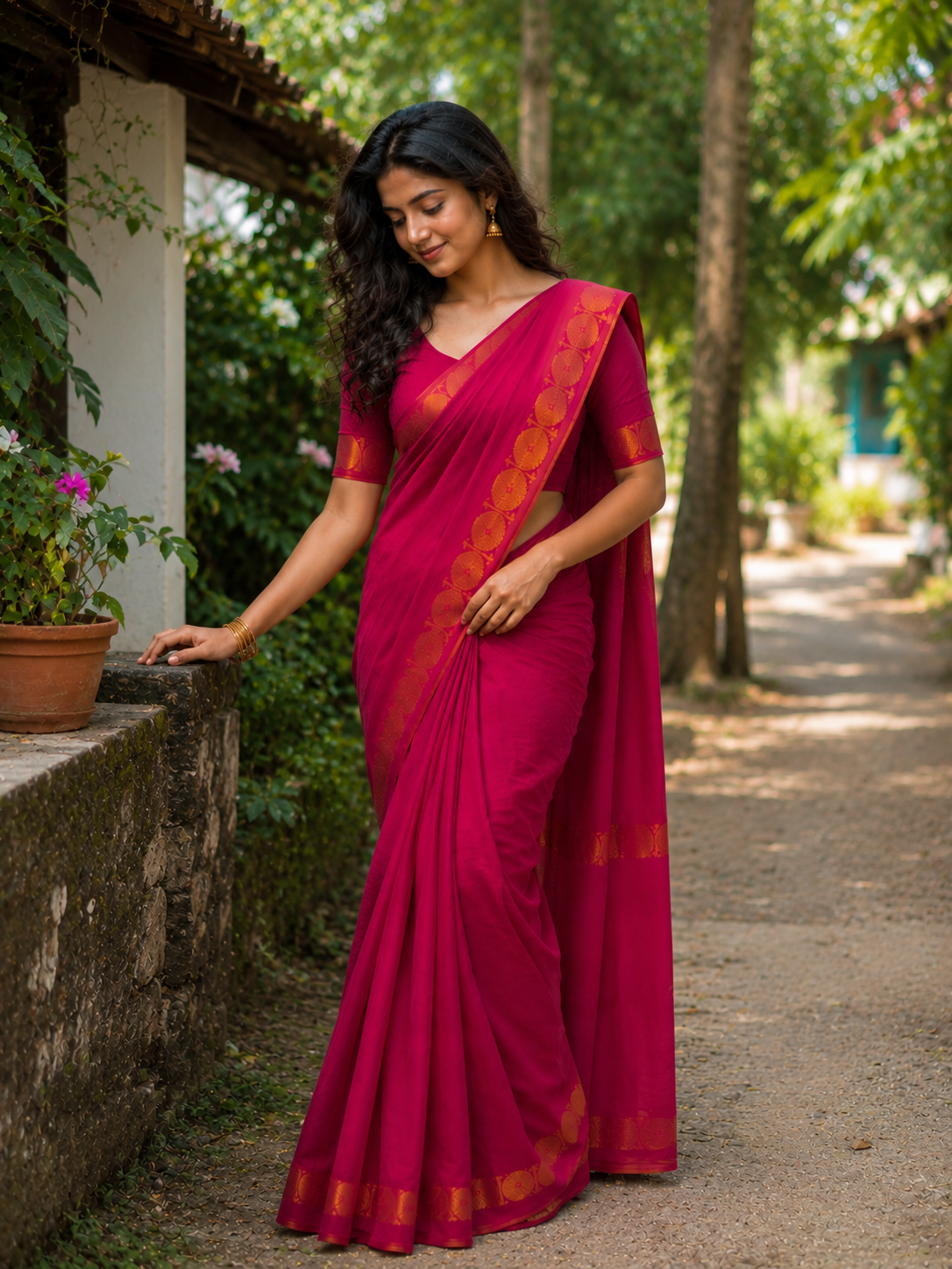 SUNGUDI SAREE WITH RETTA PATTA BORDER  WITH VELDARI BLOUSE - RANI PINK