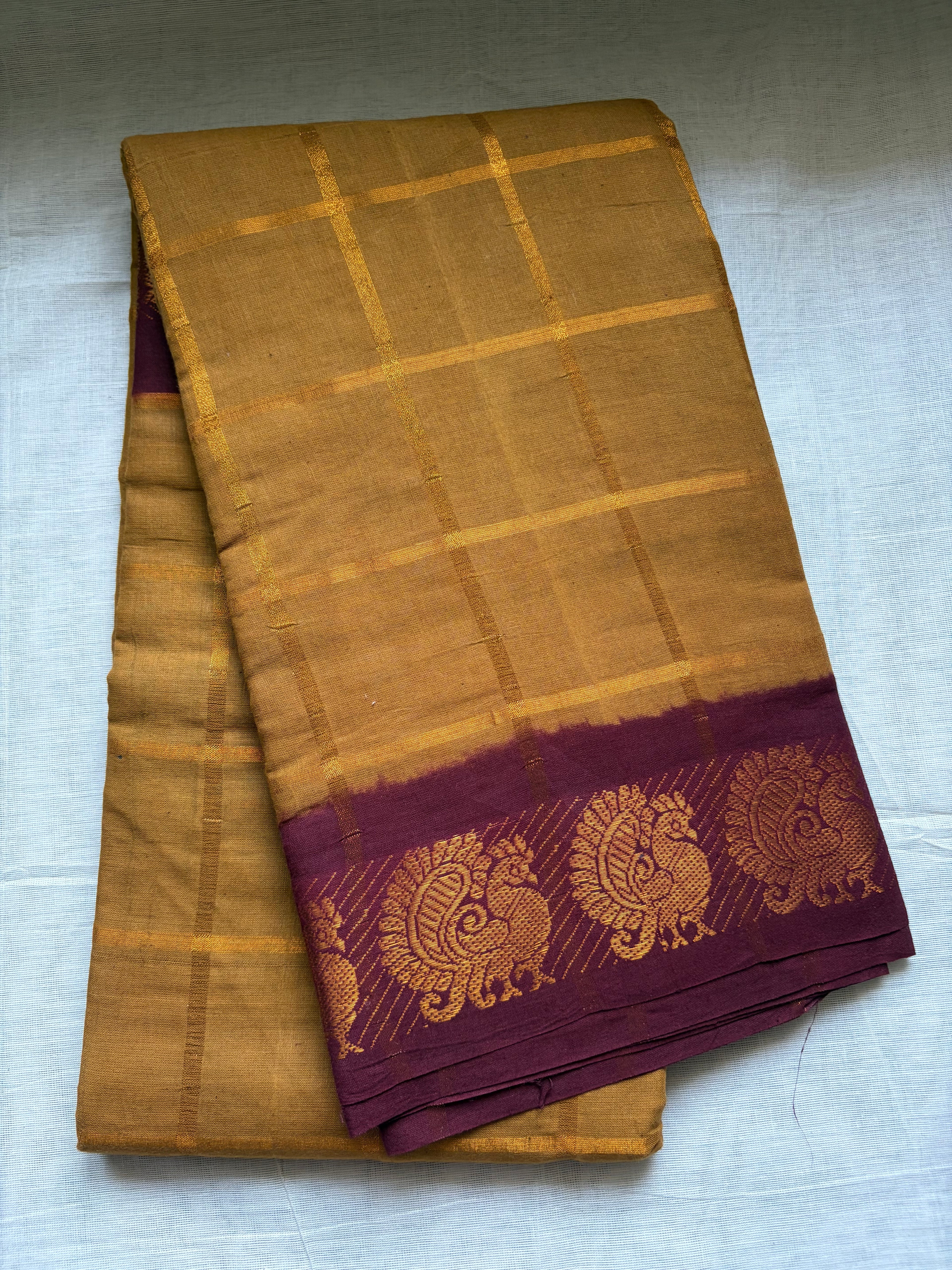 Premium Sungudi Pavithra kattam contrast -Mustard with brown ✨with contrast brown blouse