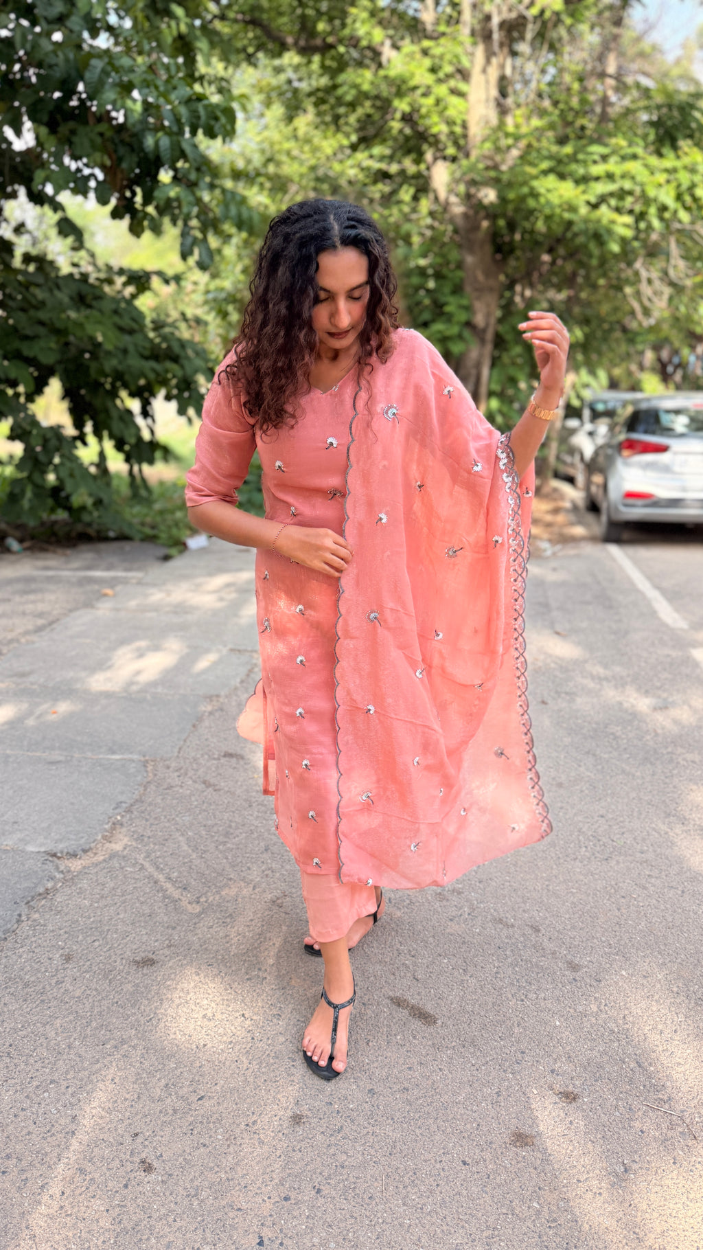 Dusty Pink organza georgette Kurti Suit set with Intricate Bead Work