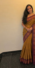 Premium Sungudi Pavithra kattam contrast -Mustard with brown ✨with contrast brown blouse