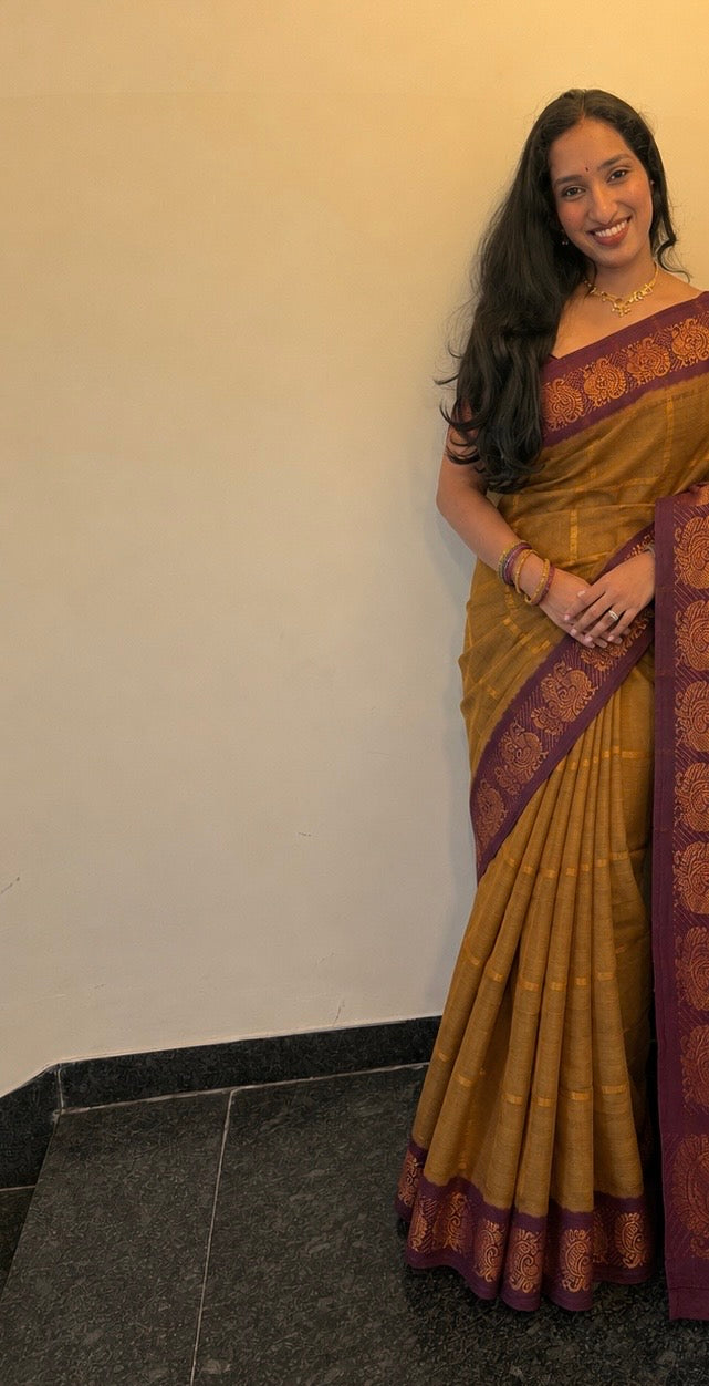 Premium Sungudi Pavithra kattam contrast -Mustard with brown ✨with contrast brown blouse