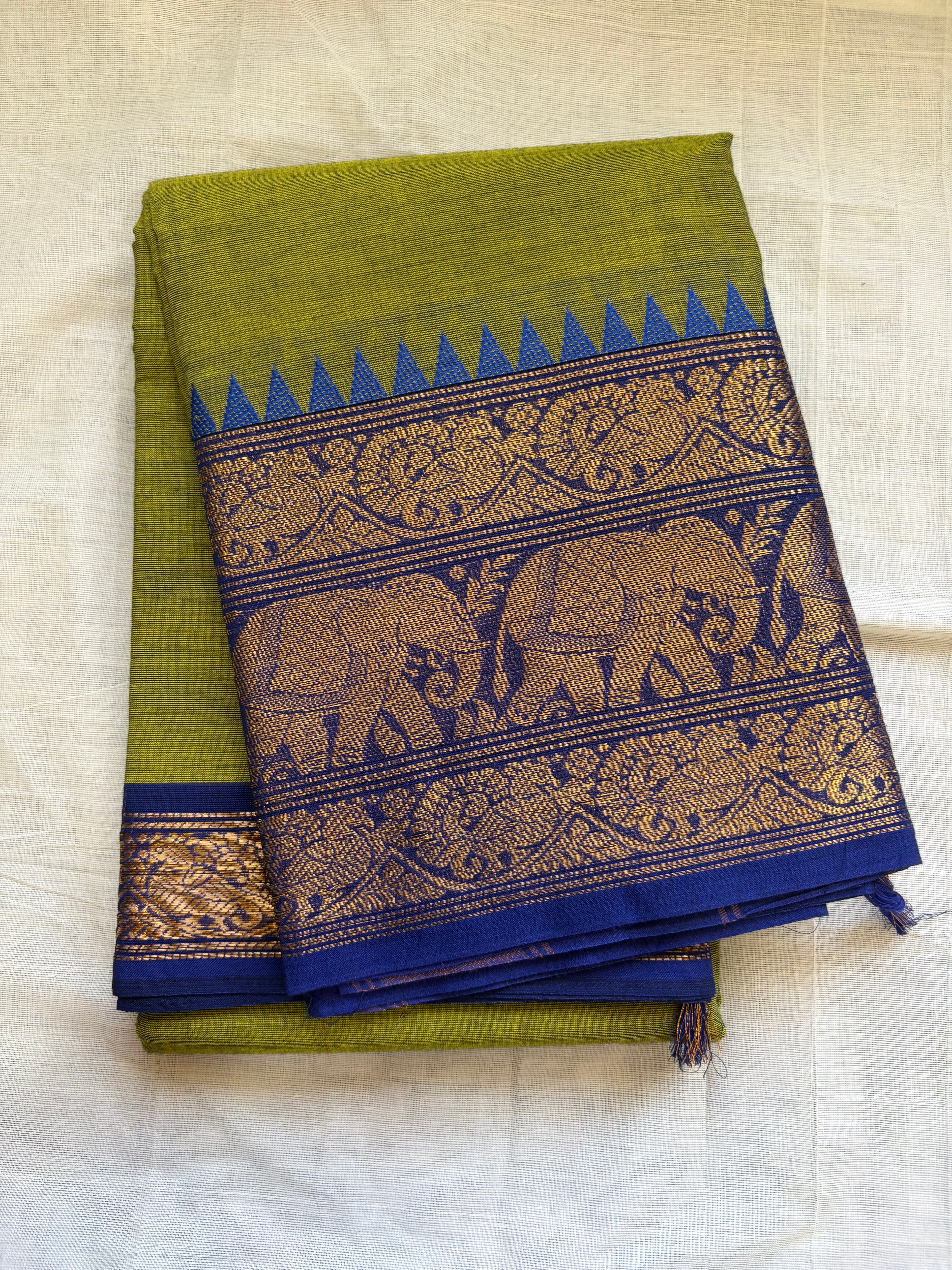 Kanchi cotton -olive with royal blue ✨