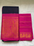 Zari kattam Mayoori Sungudi saree with contrast border & blouse -Navy blue with pink ✨with contrast blouse