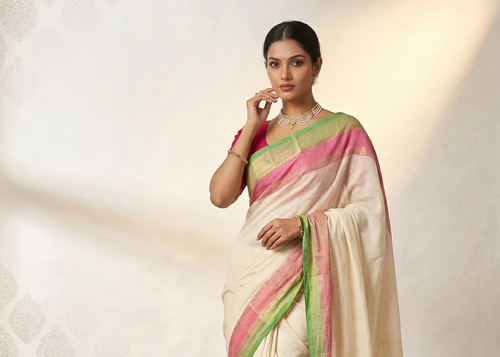 Woman wearing a cream saree with pink and green border against a white background