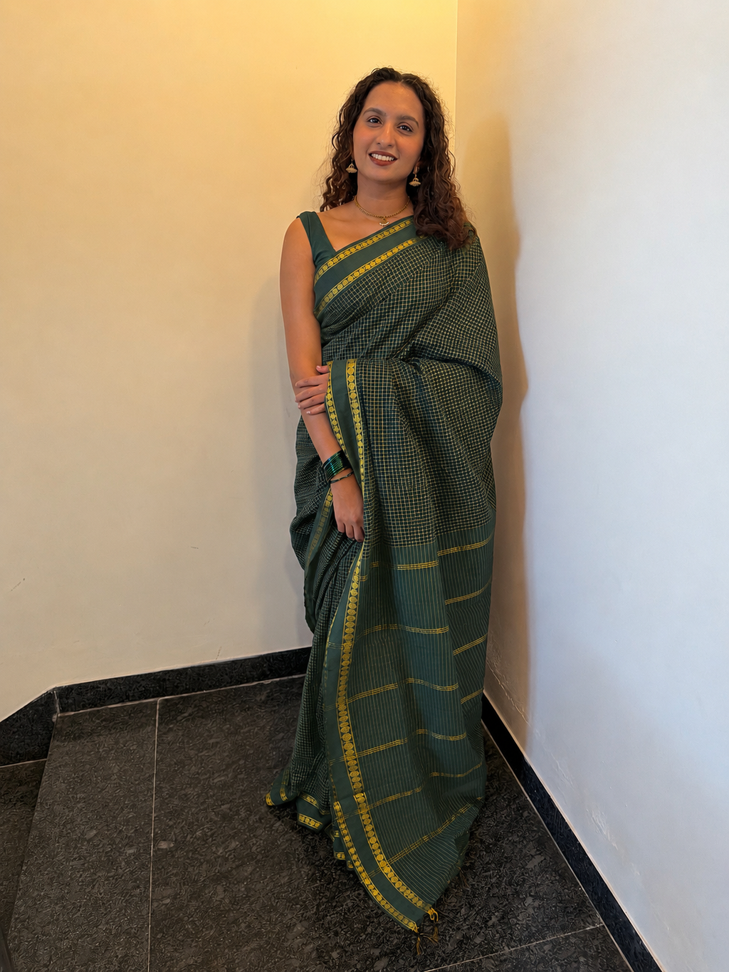 Arani checks Kalyani cotton -bottle green