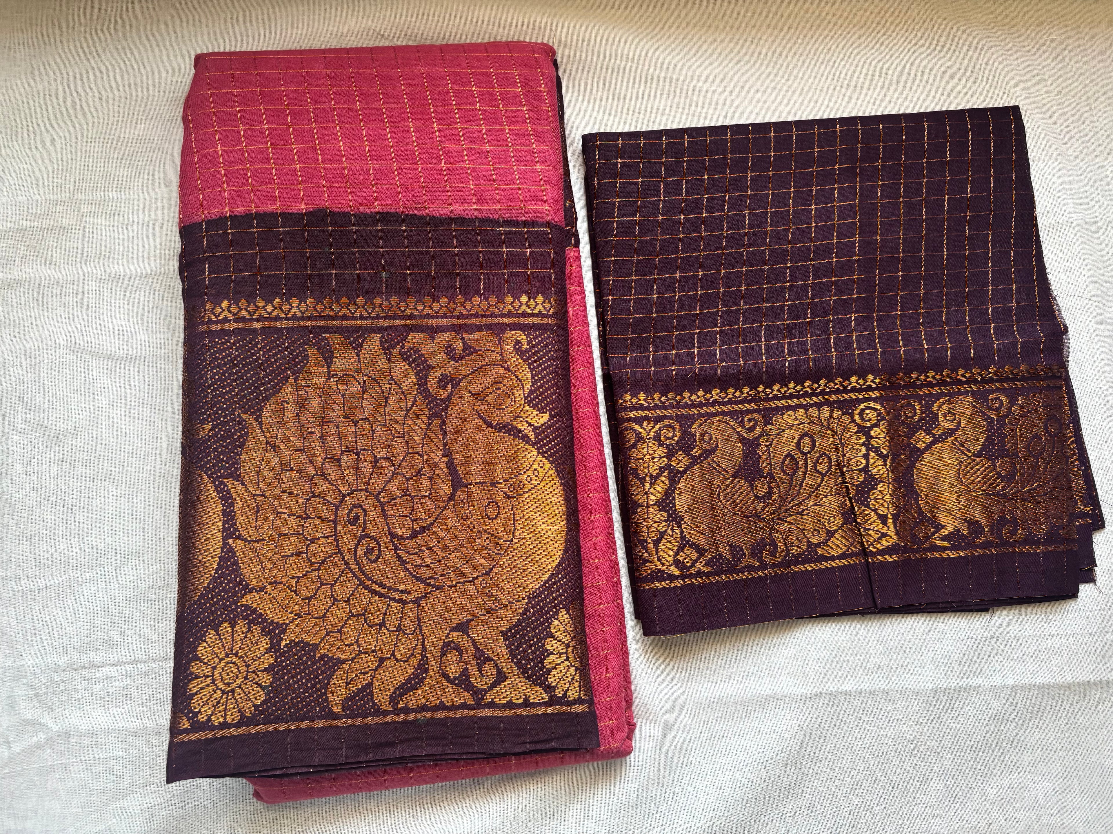 ZARI KATTAM MAYOORI SUNGADI COTTON SAREE - MAUVE PINK WITH COFFEE BROWN