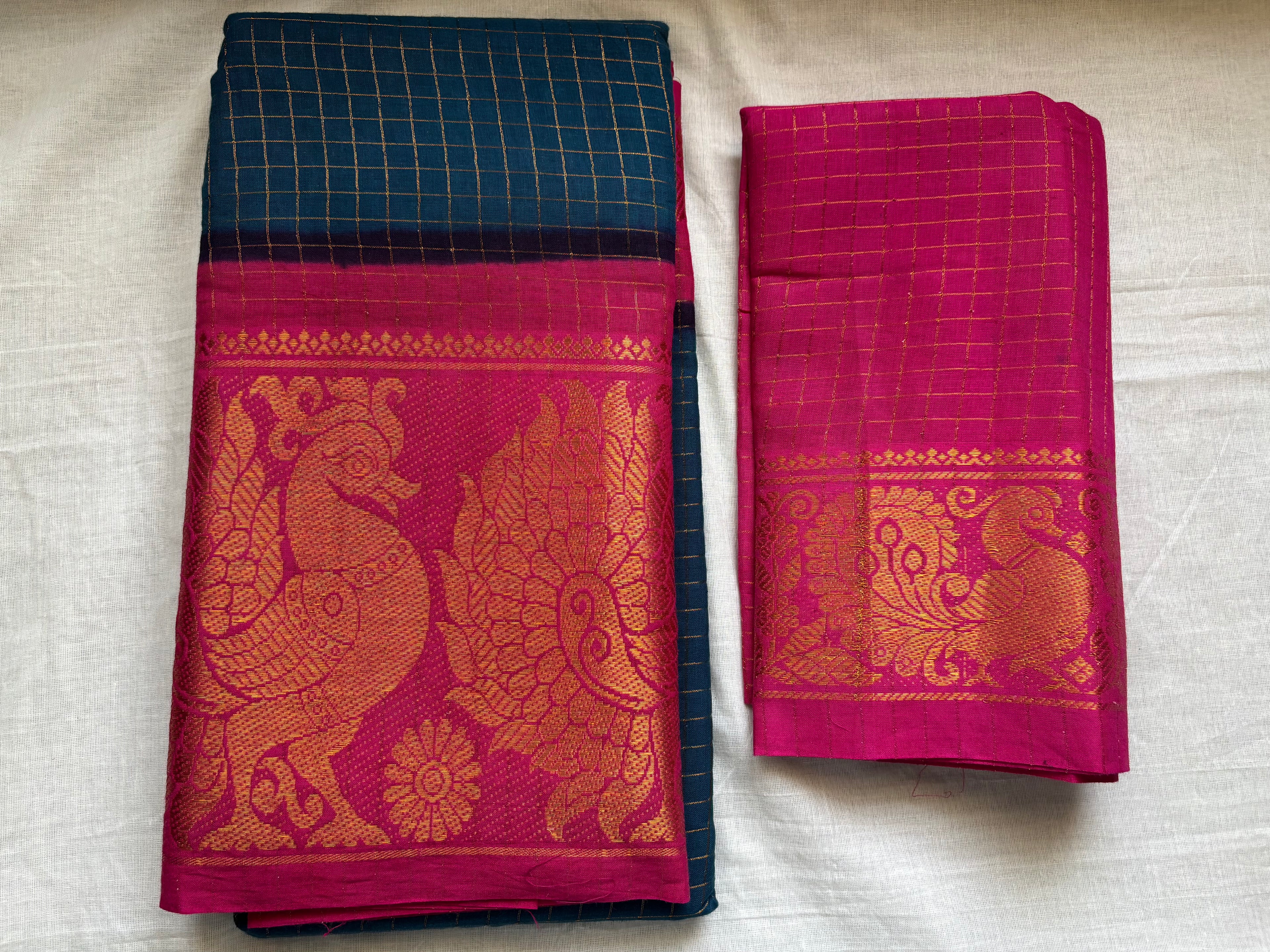 ZARI KATTAM MAYOORI SUNGADI COTTON SAREE - TEAL BLUE WITH RANI PINK