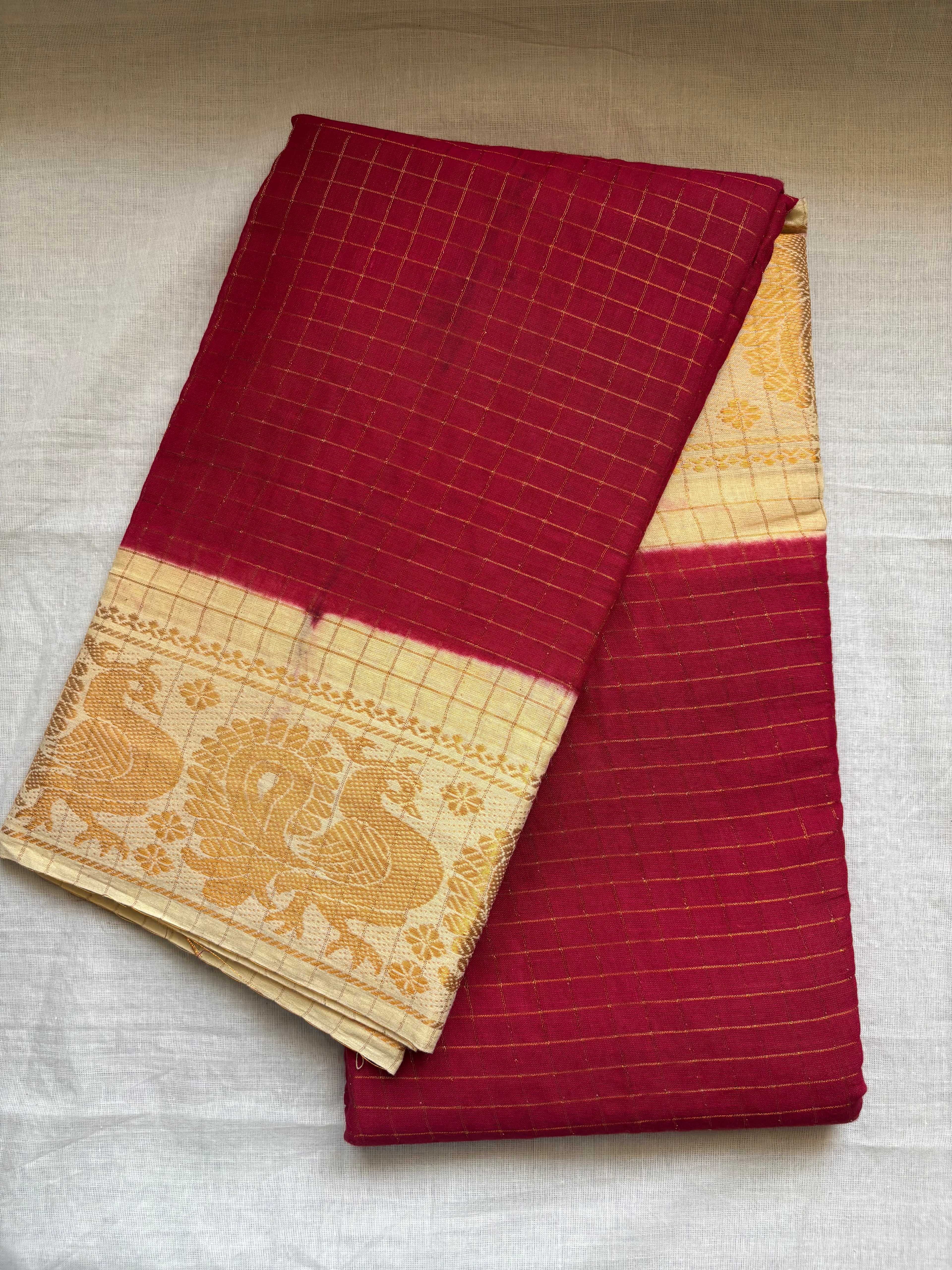 ZARI KATTAM MAYOORI SUNGUDI COTTON SAREE small border - MAROON WITH BEIGE with contrast beige blouse and pallu