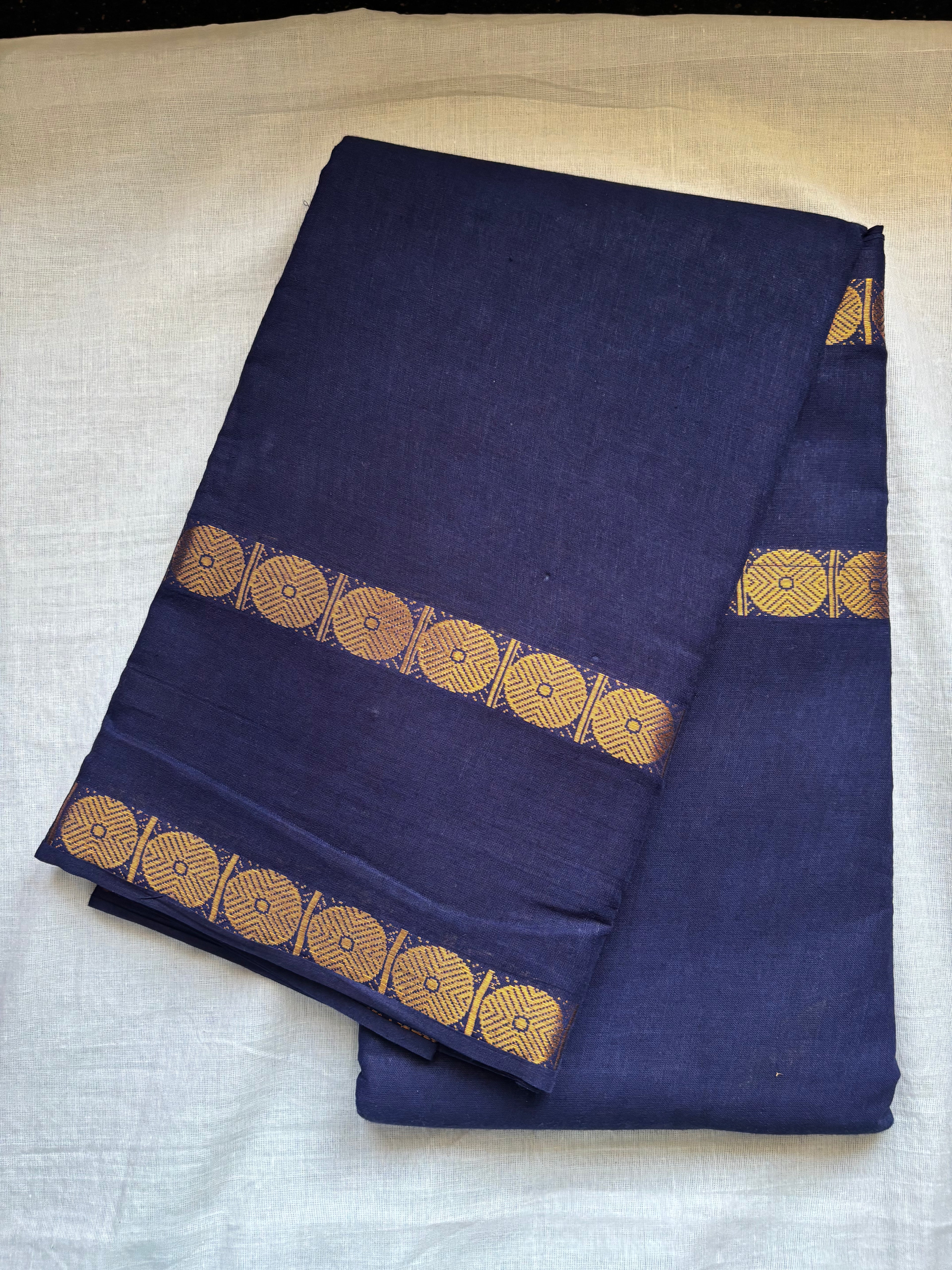 SUNGUDI SAREE WITH RETTA PATTA BORDER - NAVY BLUE with running blouse