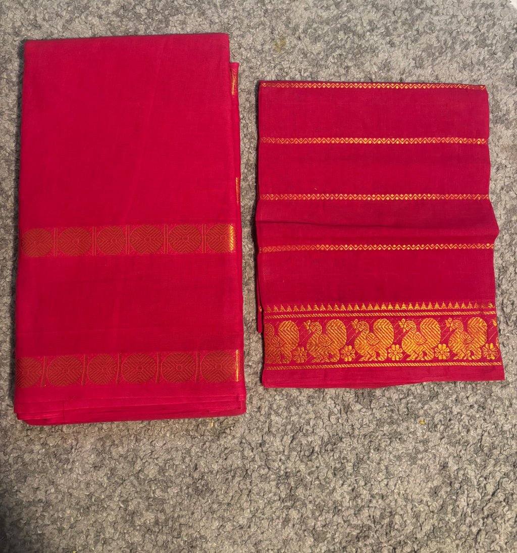 SUNGUDI SAREE WITH RETTA PATTA BORDER  WITH VELDARI BLOUSE - RANI PINK