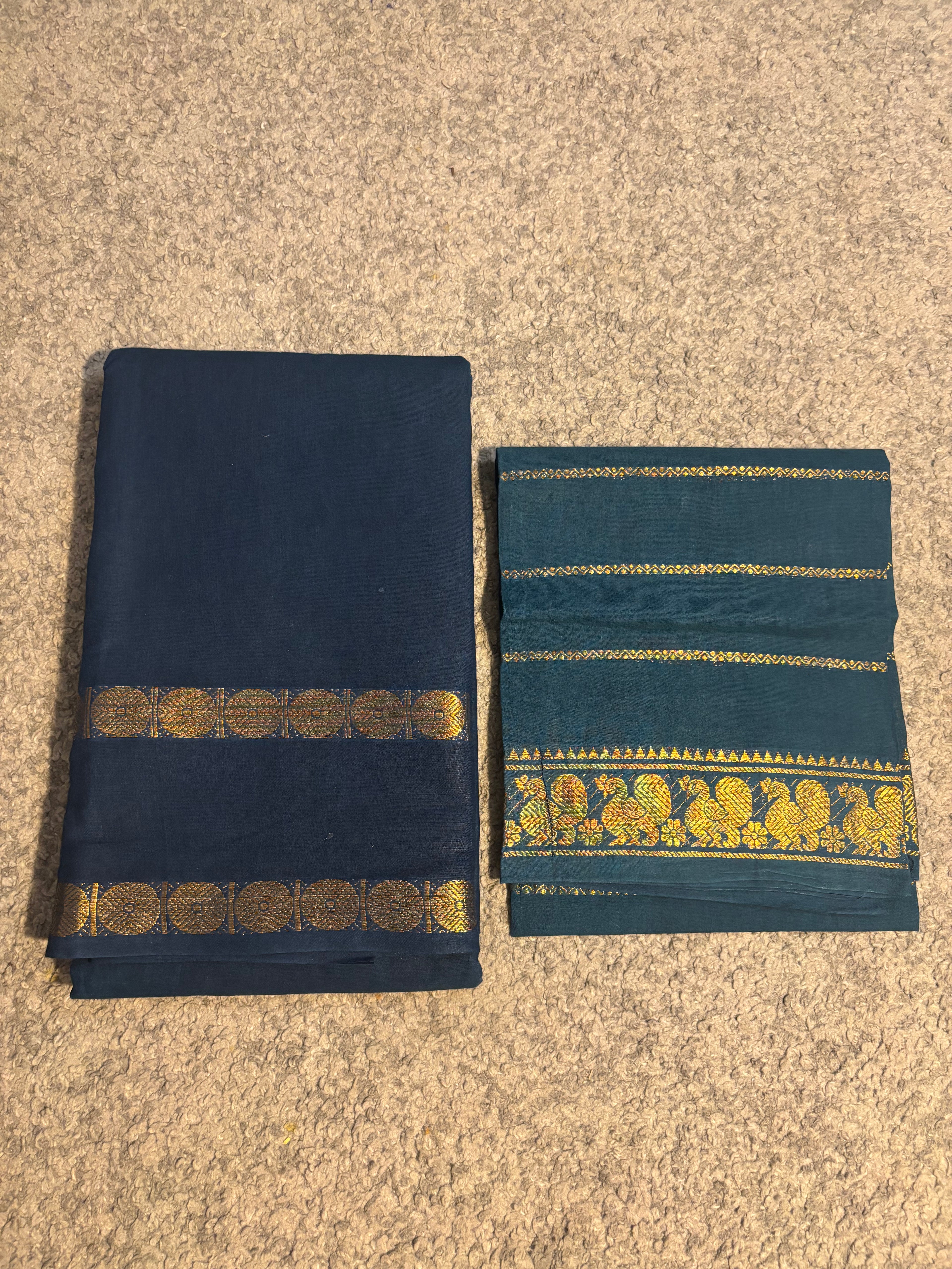 SUNGUDI SAREE WITH RETTA PATTA BORDER  WITH VELDARI BLOUSE - PEACOCK  BLUE