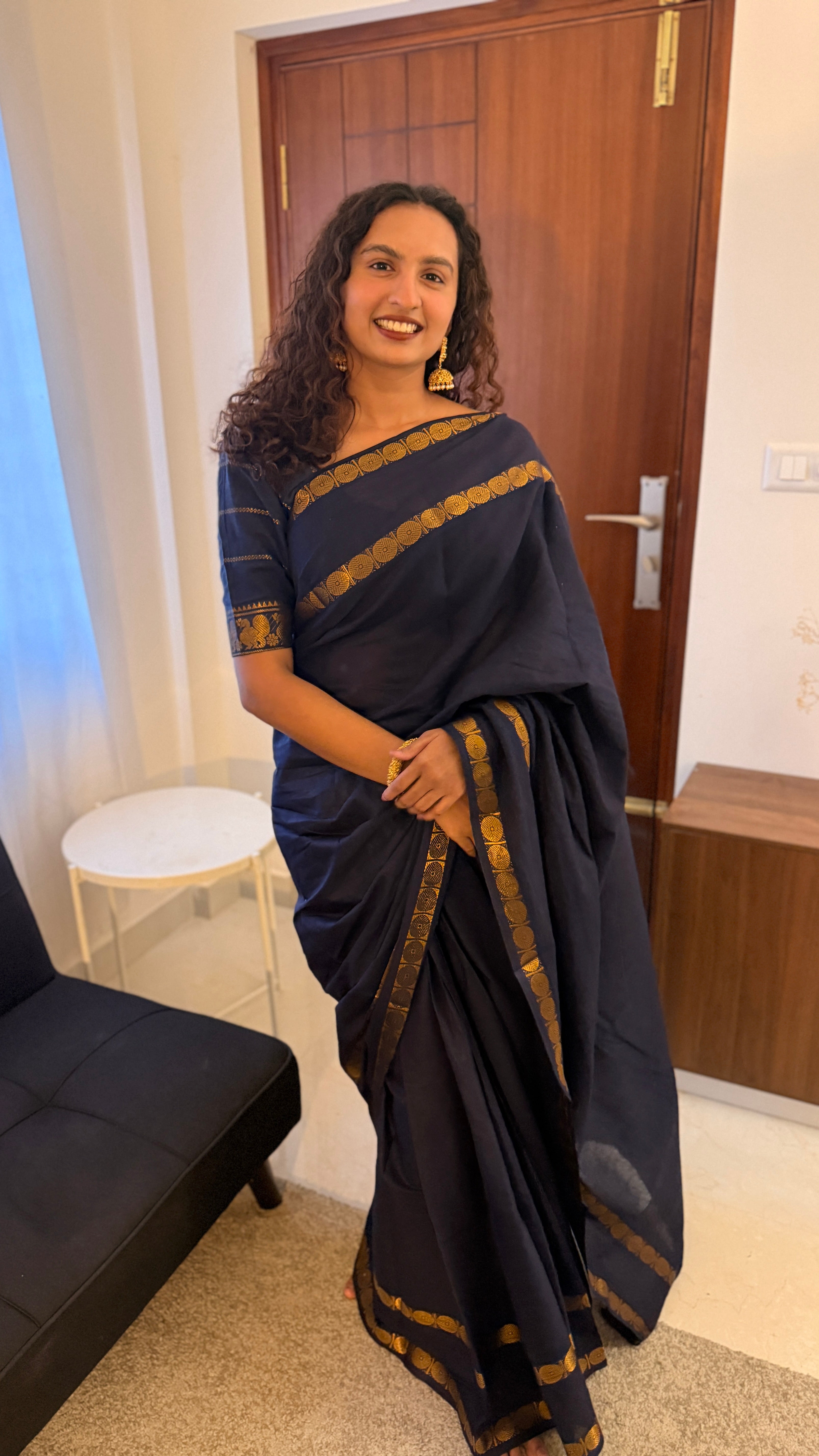 SUNGUDI SAREE WITH RETTA PATTA BORDER  WITH VELDARI BLOUSE -  NAVY   BLUE