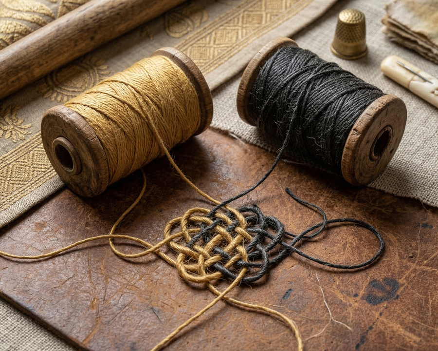 Two spools of thread, one gold and one black, on a textured surface with fabric and a thimble in the background.