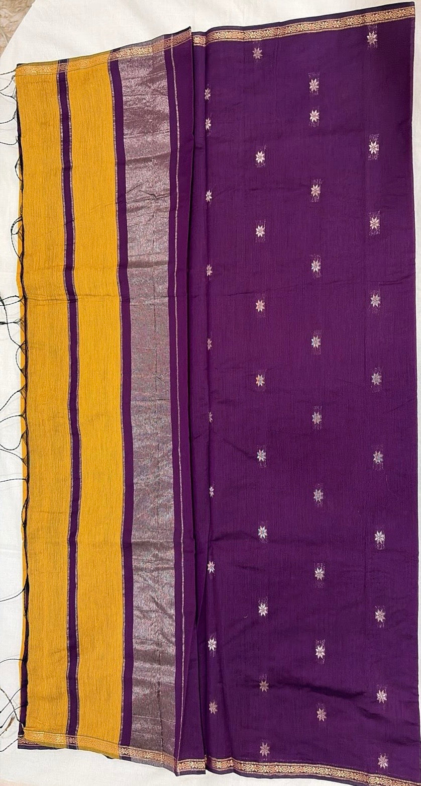 Maheshwari Soft Silk Cotton Elegance - Yellow with Purple